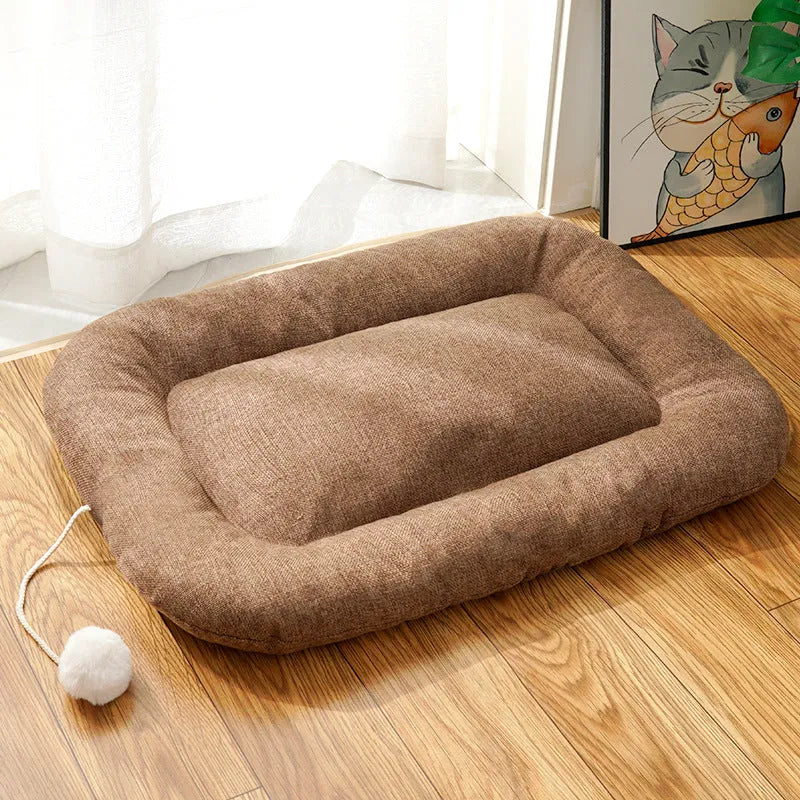 Brown and green universal dog cushion shown in four sizes for kennel sleeping and summer cooling