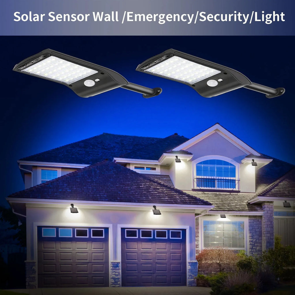 Black 36 LED solar-powered outdoor wall light with motion sensor and adjustable pole on a wall.