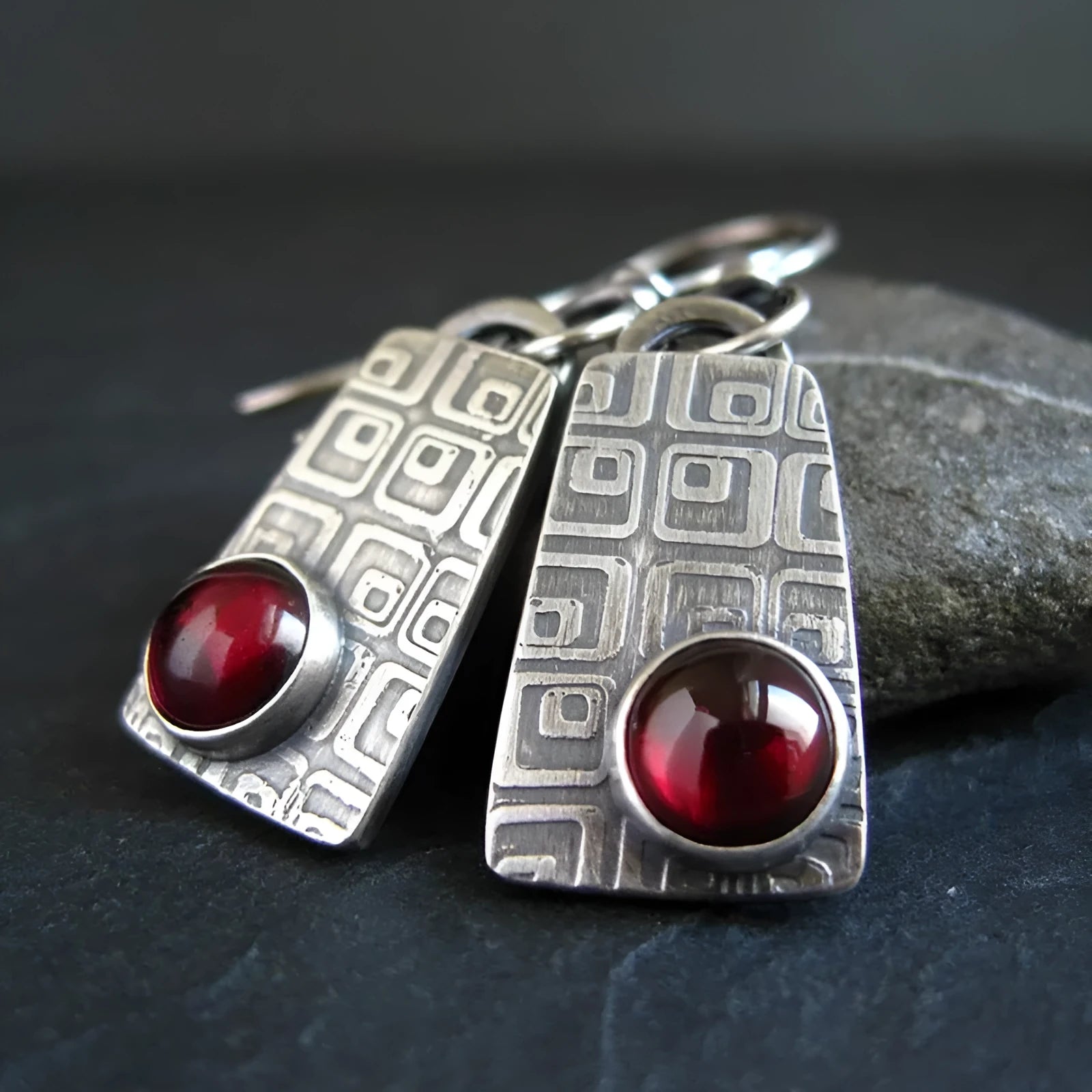 Retro geometric square inlaid ruby earrings in silver alloy for women