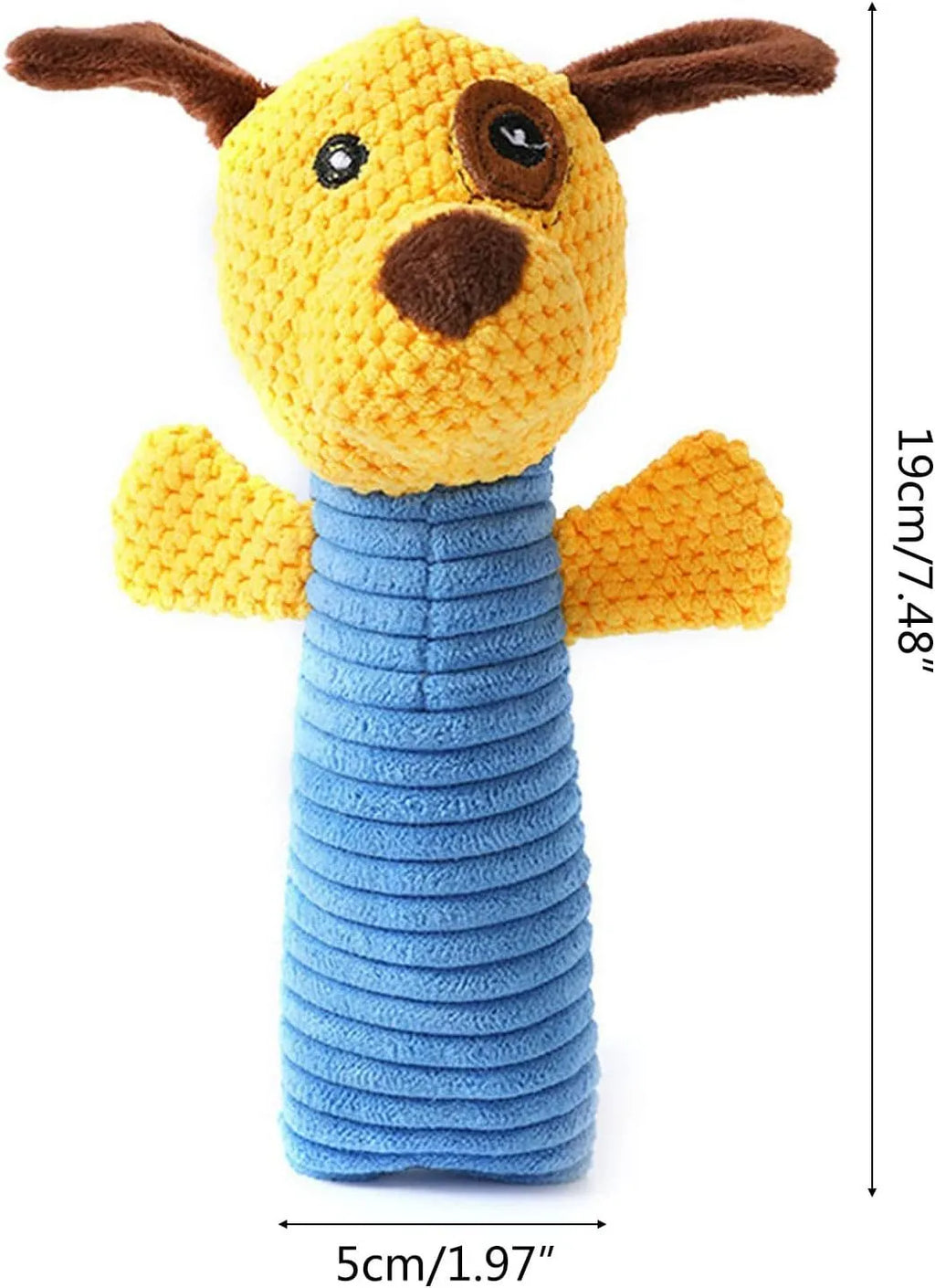 Squeaky stuffed calf, frog, or puppy dog chew toy for dental cleaning and teething relief.