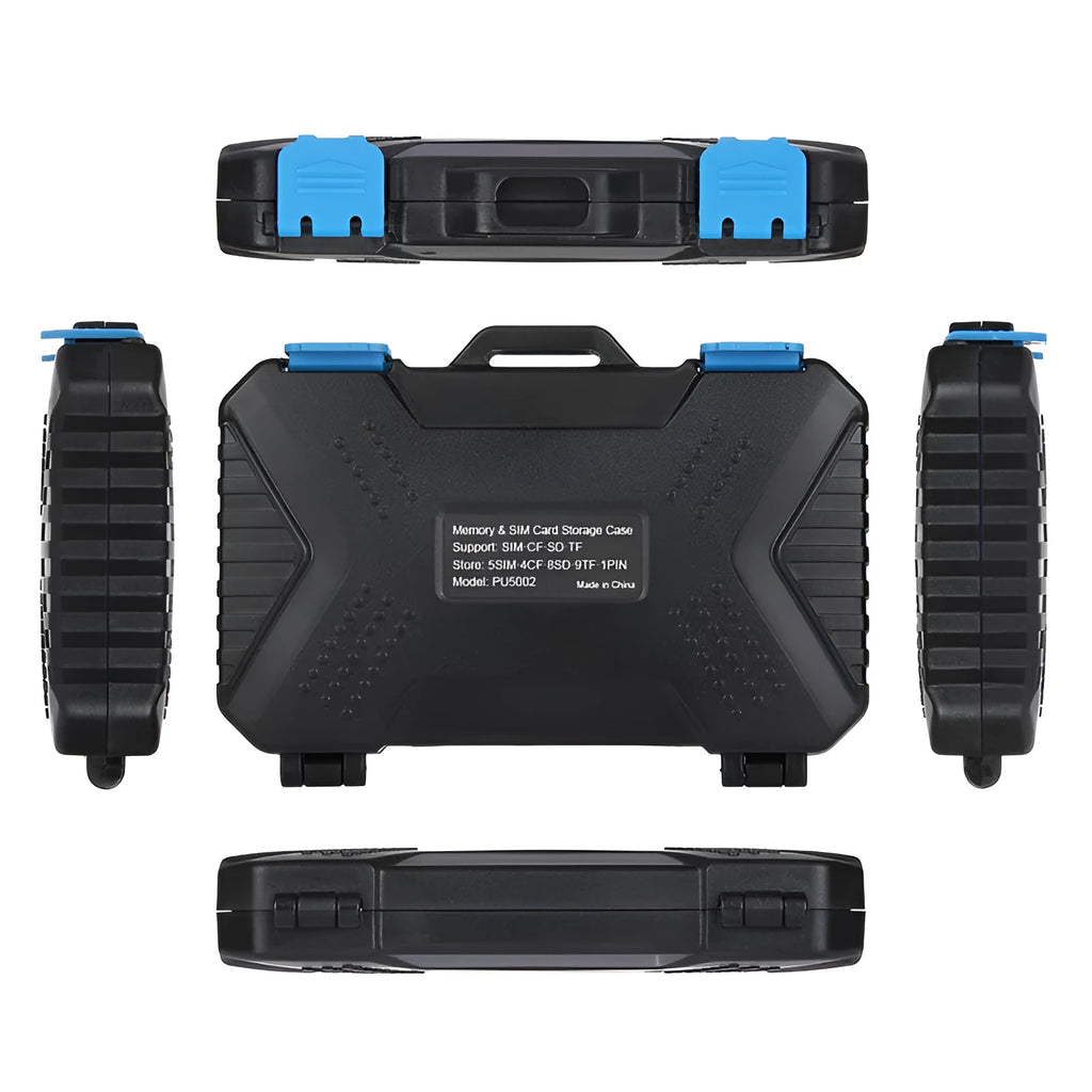 Black waterproof memory card case for 4CF 8SD 9TF SIM cards with blue TPV seal, 11.5 x 7.0 x 2.05 cm