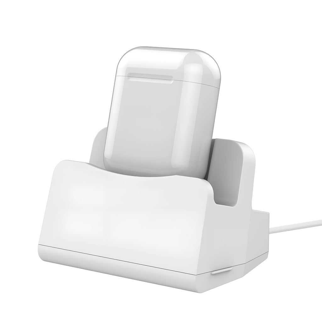 White headphone charging base with fashionable last design on wooden surface