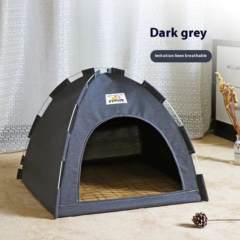 Grey tent-style pet bed for cats and small dogs with removable washable cover.