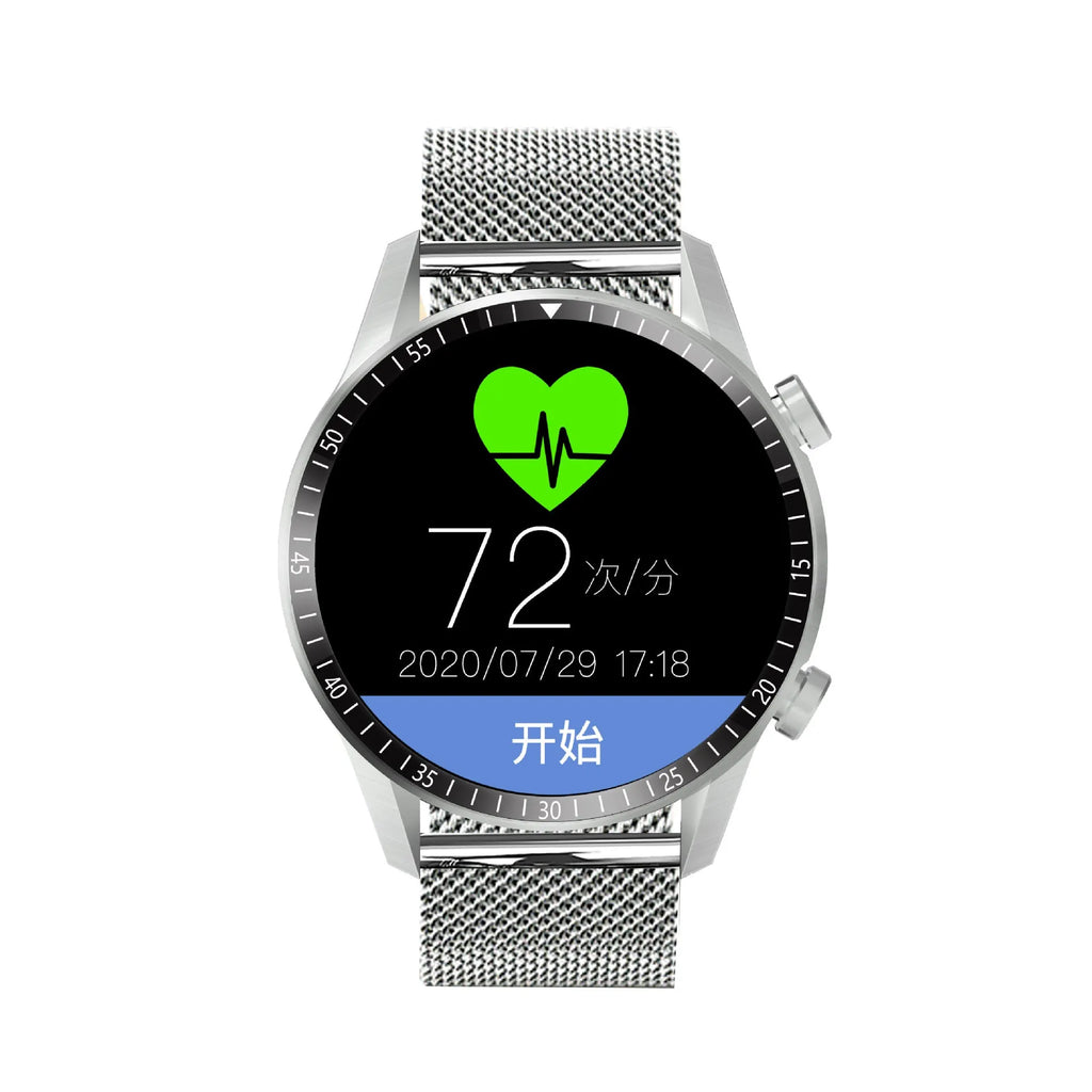 Round smartwatch with aluminium case on wrist, showing TFT touch screen displaying time and heart rate.