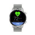 Round smartwatch with aluminium case on wrist, showing TFT touch screen displaying time and heart rate.