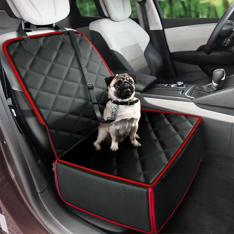 Black non-slip car seat pet pad for big dogs on a car passenger seat.