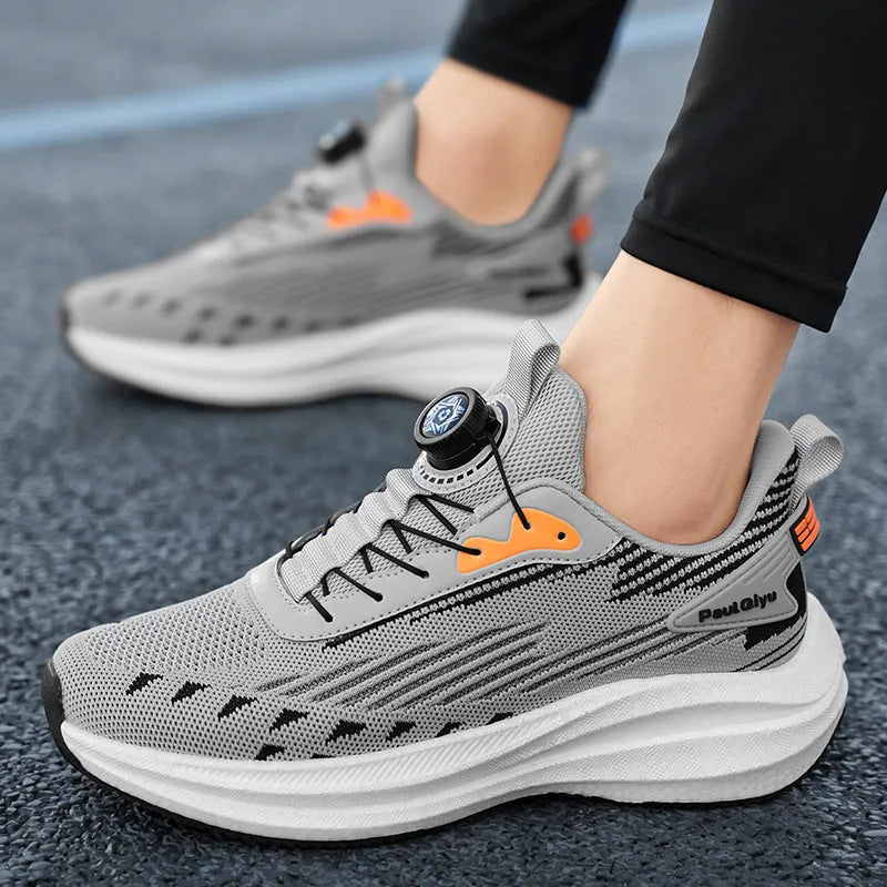 Men's black and grey rotating buckle Fly-knit mesh casual running shoes with a low-top flat heel design.