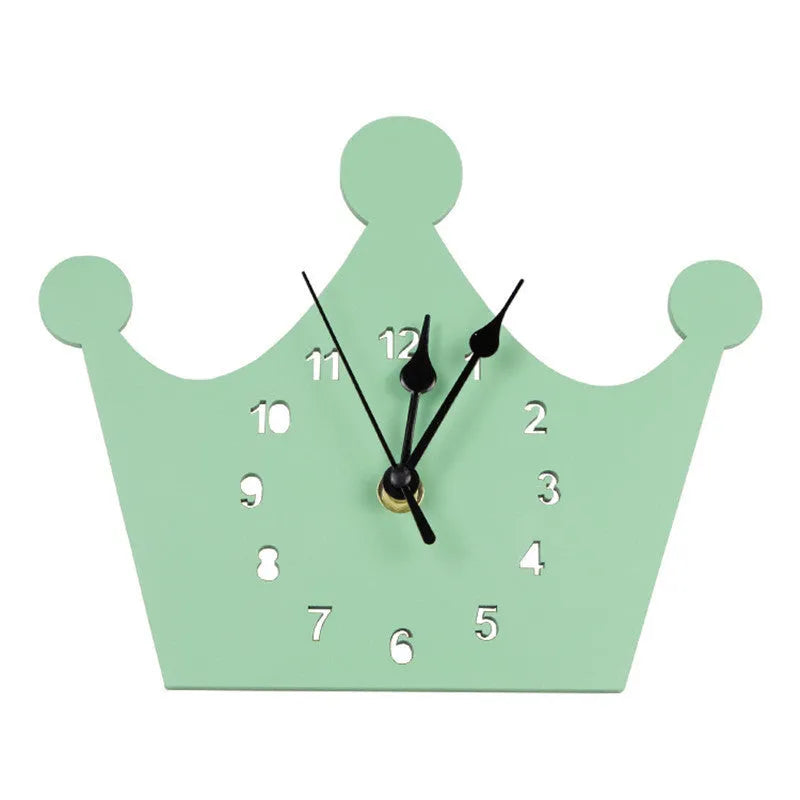 Wooden cartoon wall clock showing alien, rabbit, swan, cloud and ice cream design options
