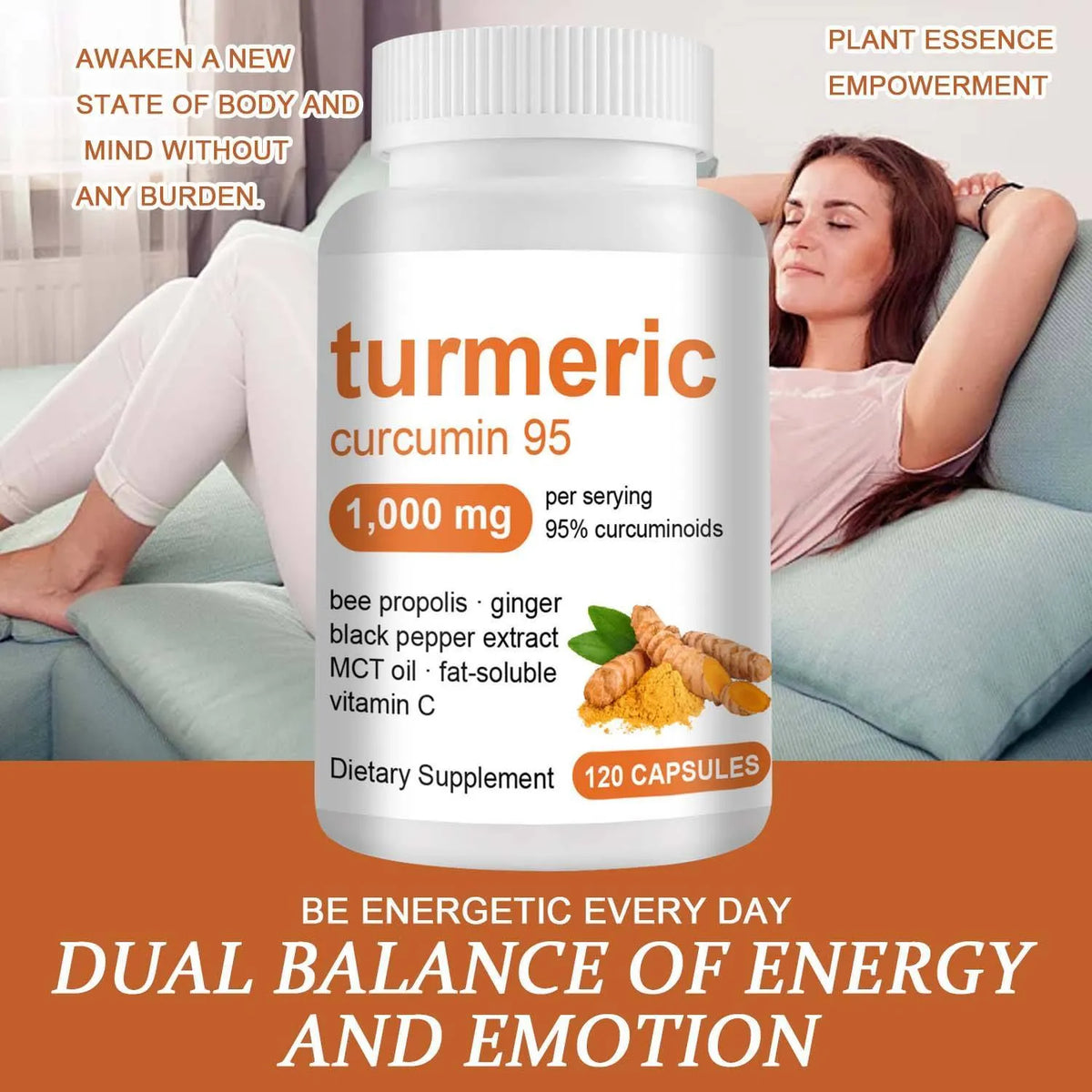 Turmeric curcumin capsules bottle with bee propolis, ginger, and black pepper for joint health, 120 vegetarian capsules