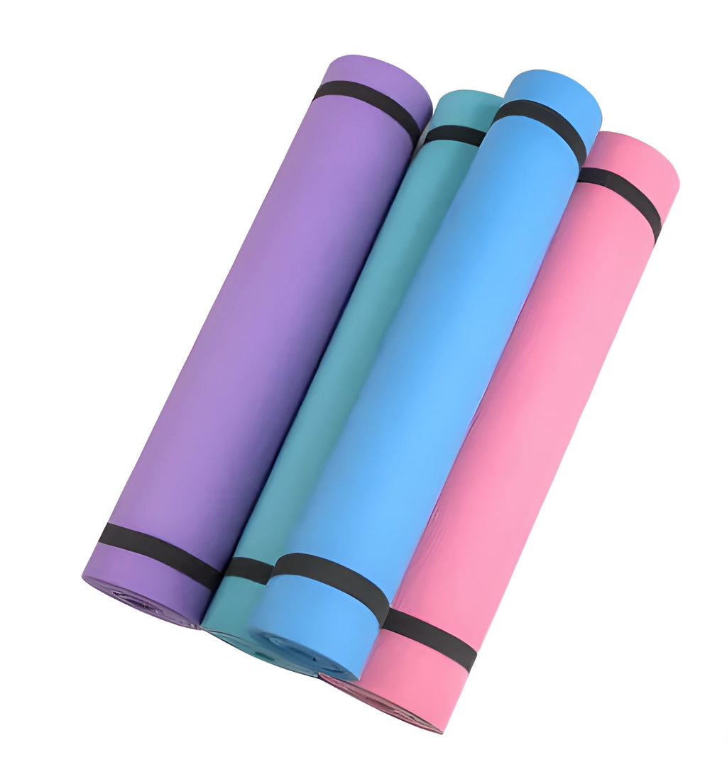 Red EVA fitness yoga mat with rolled edge showing thickness, alongside a blue mat and OPP storage bag.