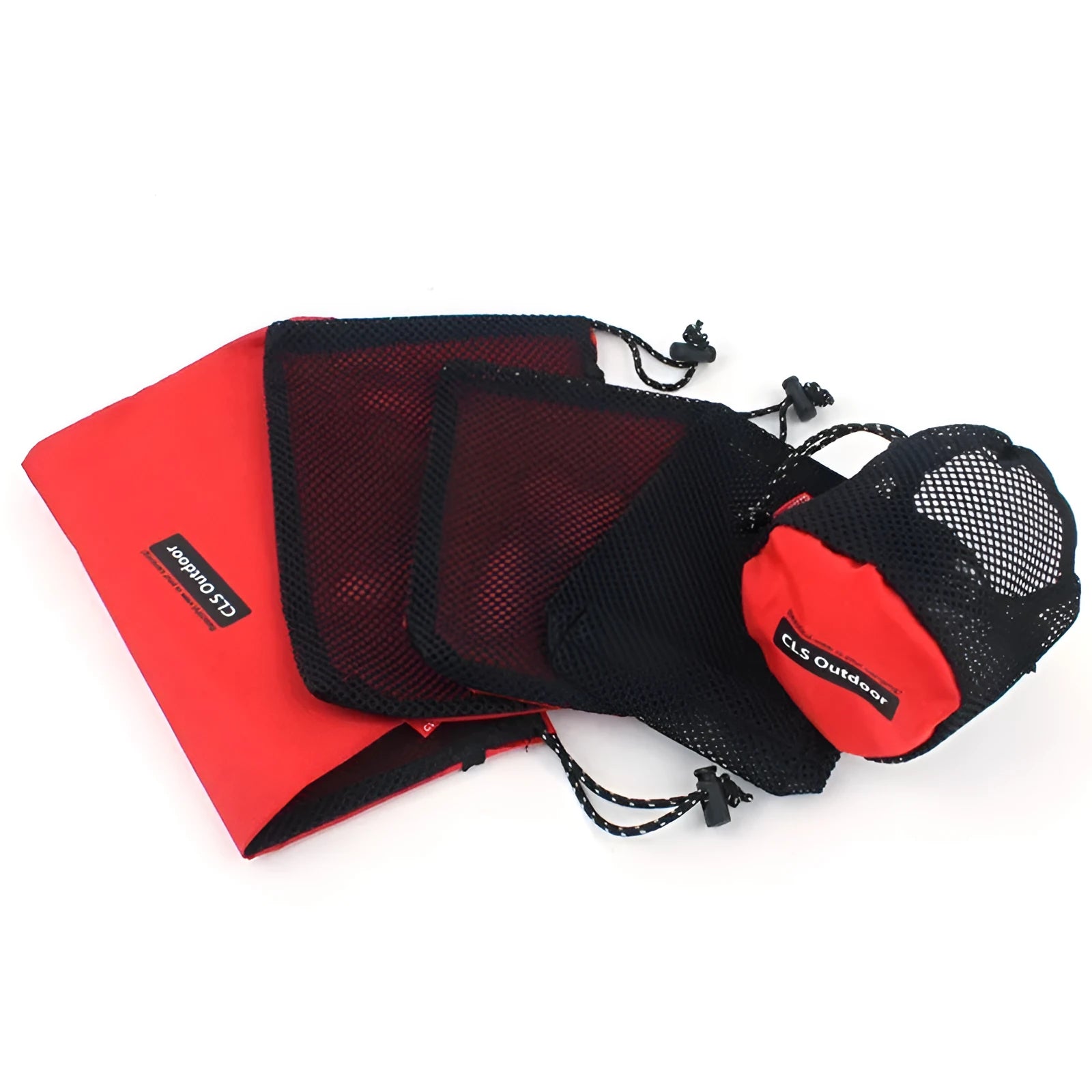 Set of five red outdoor travel storage bags with zippers and mesh panels on a plain background