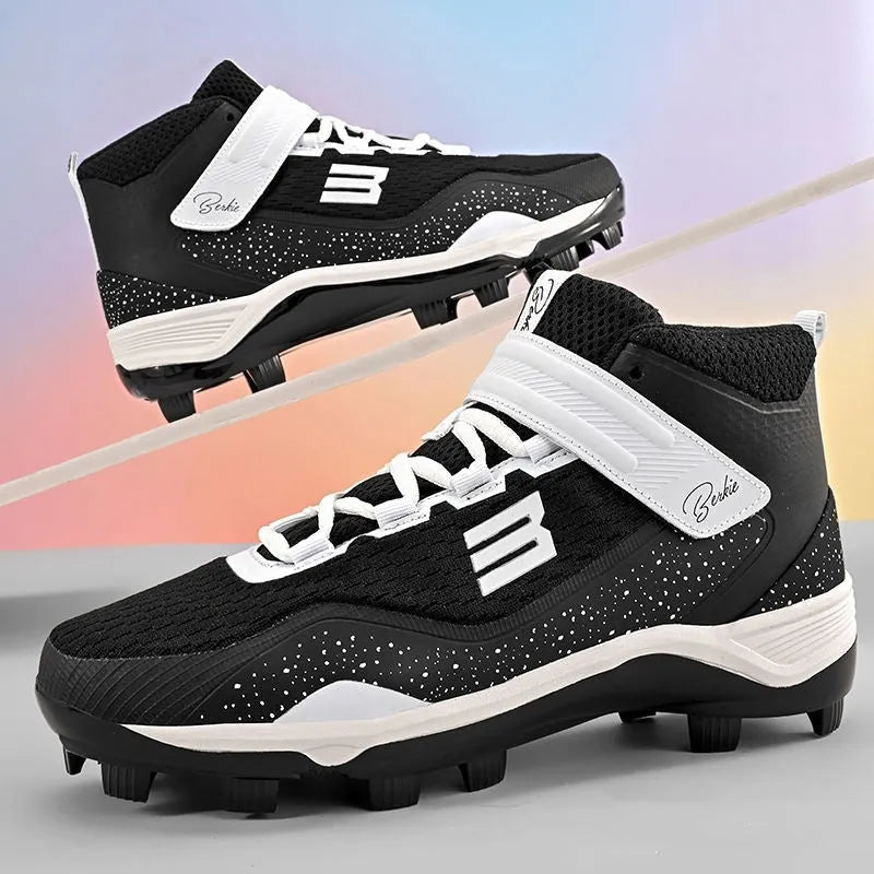 Black and white sports sneakers with a mesh upper, Velcro strap, and wear-resistant rubber sole.