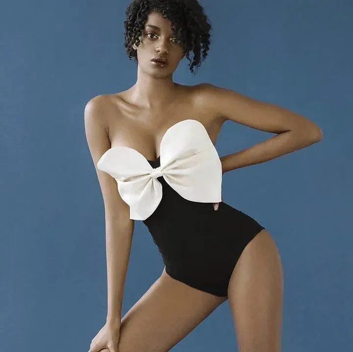 Black and white tube top bow one-piece swimsuit with high elasticity and quick-drying polyester lining
