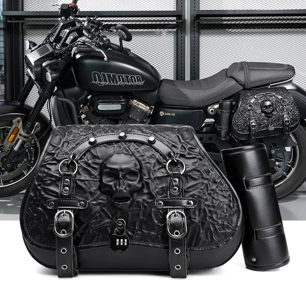 Black PU motorcycle side luggage bags mounted as a pair on a motorcycle