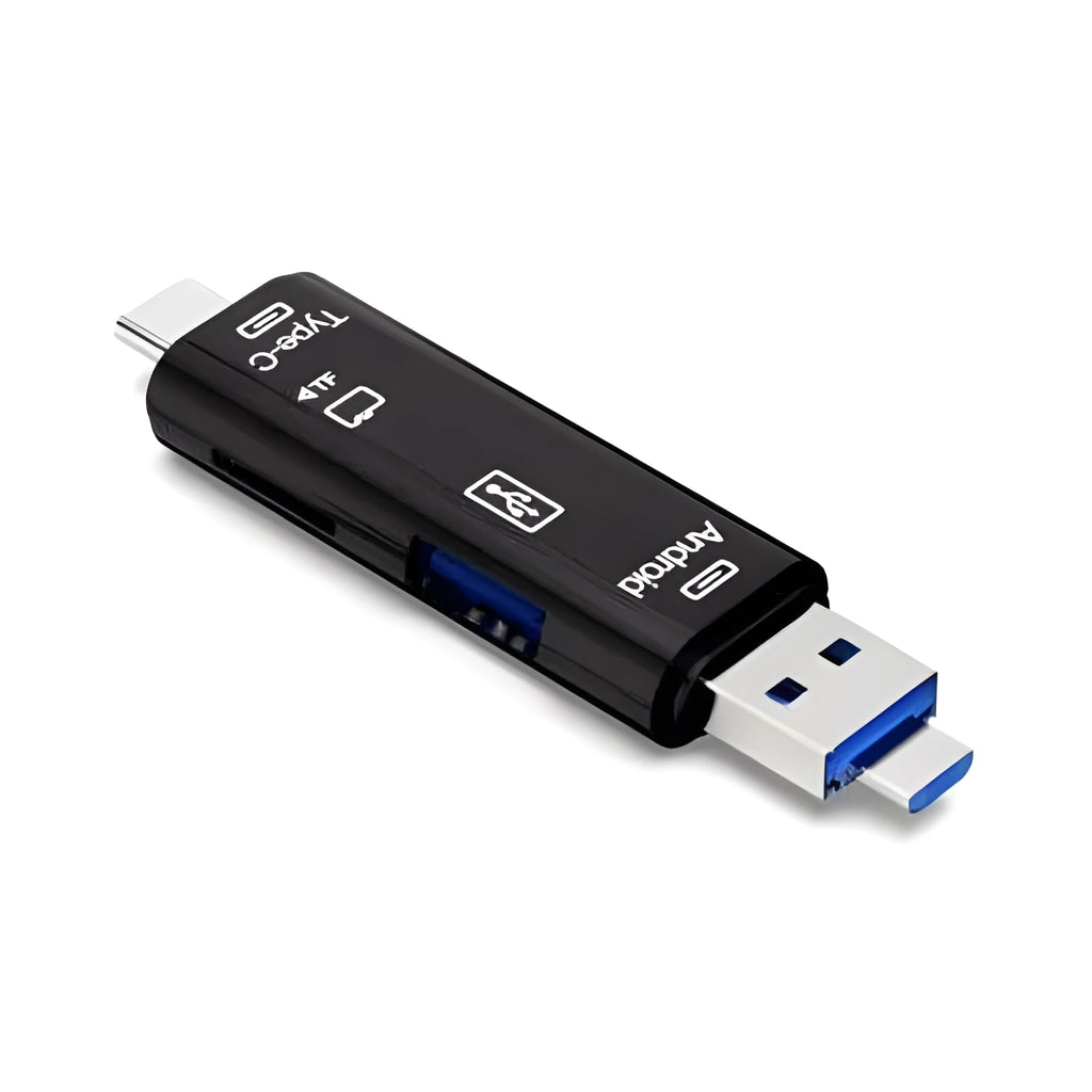 Black USB Type-C and Micro USB OTG adapter with TF card reader slot and USB port