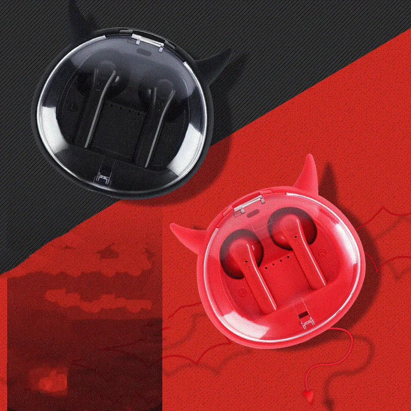 Red TWS wireless Bluetooth headset with in-ear design showing compact size
