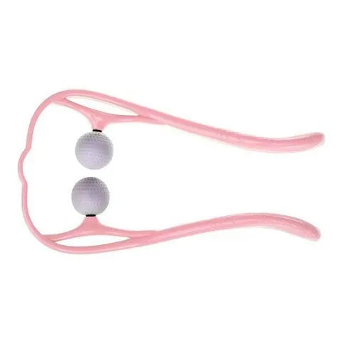 Plastic hand roller neck massager with adjustable stand in pink, blue, and green colours.
