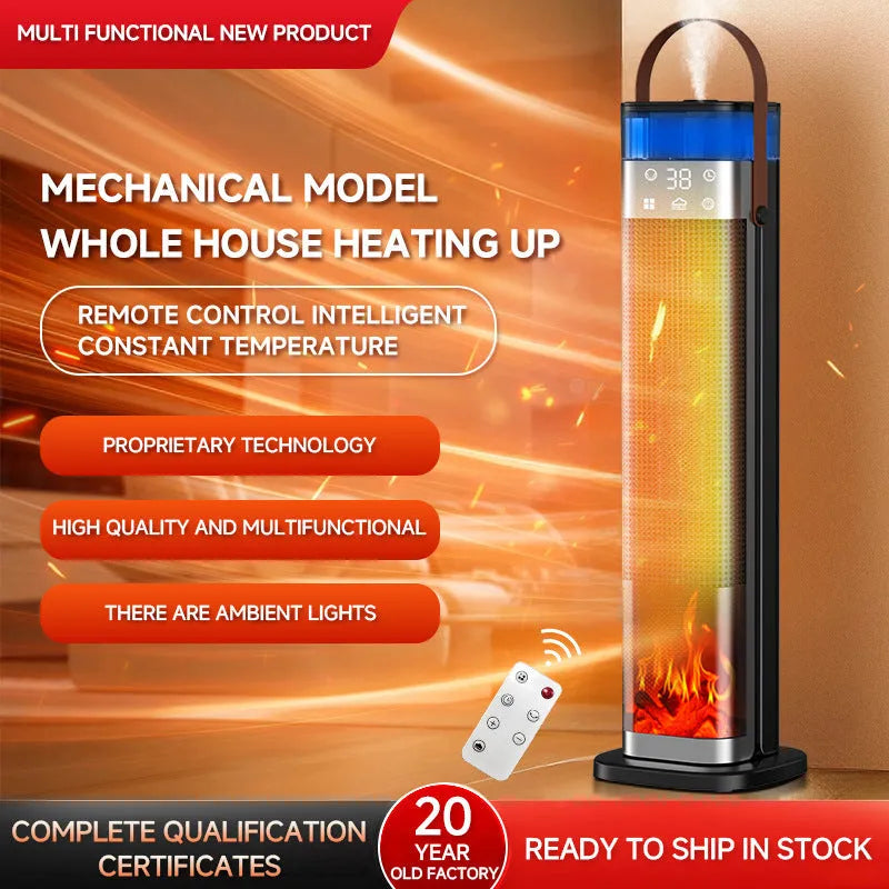 Tall white tower heater with remote control displaying humidification function and voice command capabilities