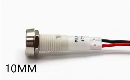 10mm stainless steel edge plastic indicator light with wire and flat metal end in multiple colours.