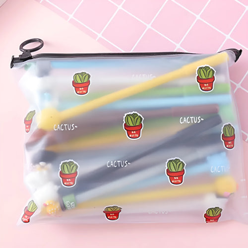 Marvel series cartoon pen set showing cactus design ballpoint pens in plastic storage case