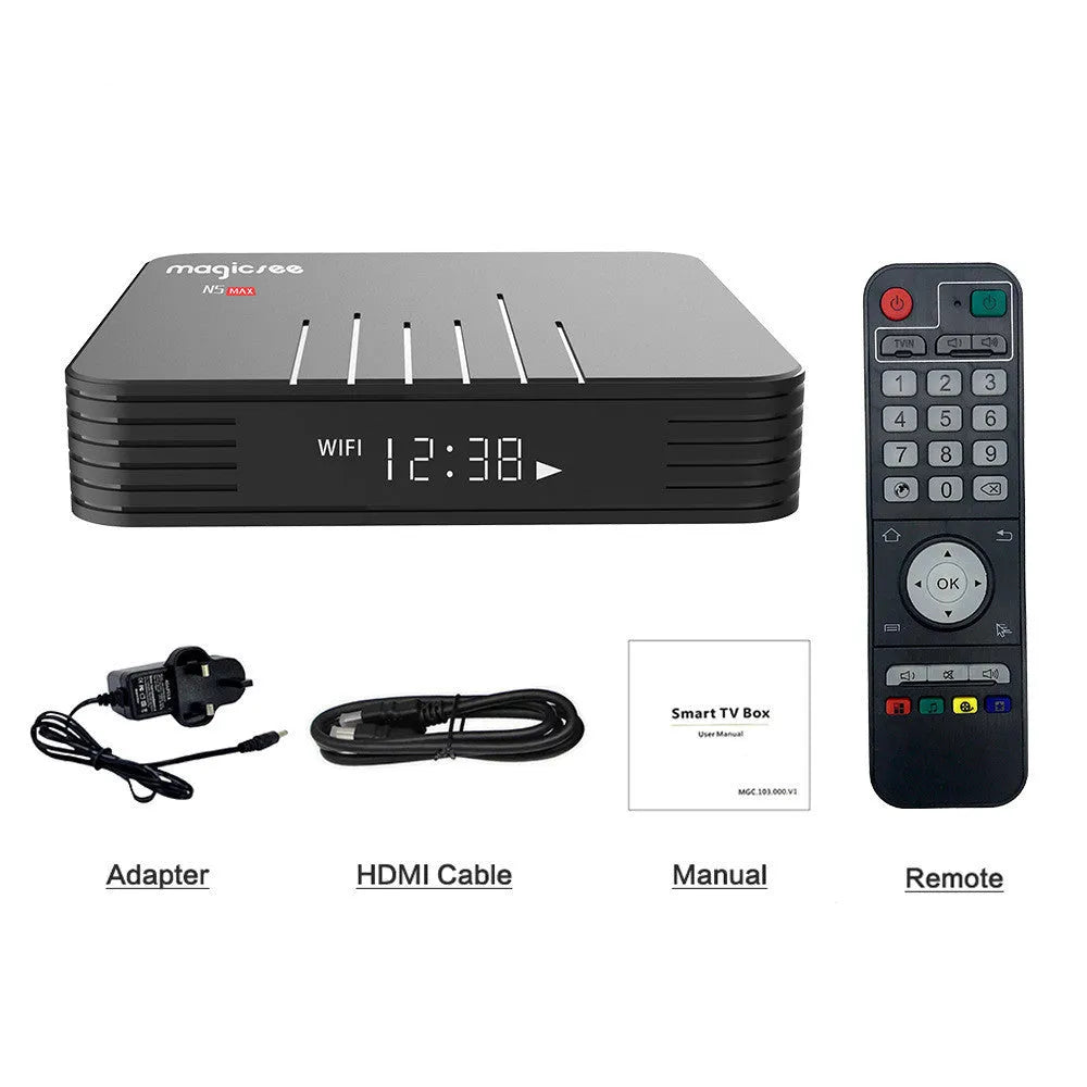 N5 MAX+ Android TV box in black with Amlogic S905X3 4GB RAM 64GB 4K HDMI 2.1 media streamer