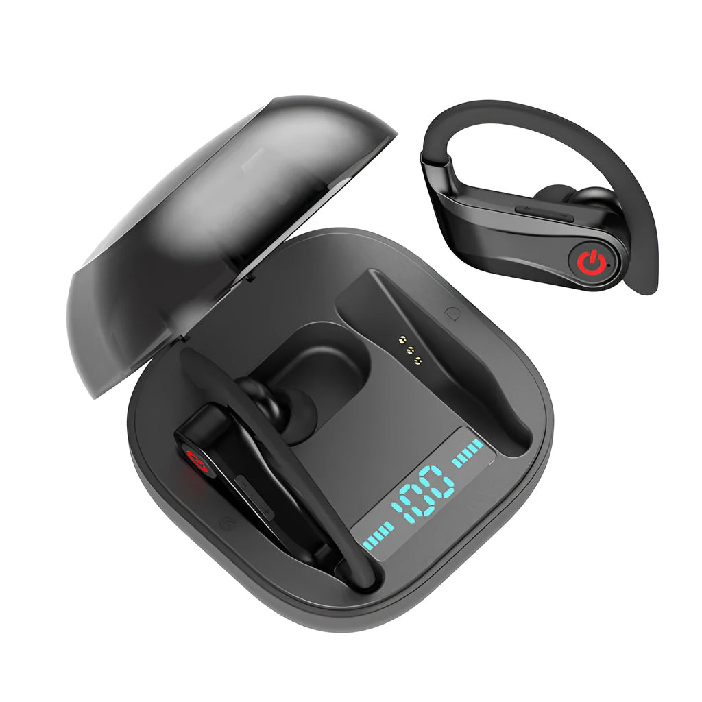 Black wireless Bluetooth in-ear headset with two earbuds on a white background.