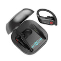 Black wireless Bluetooth in-ear headset with two earbuds on a white background.