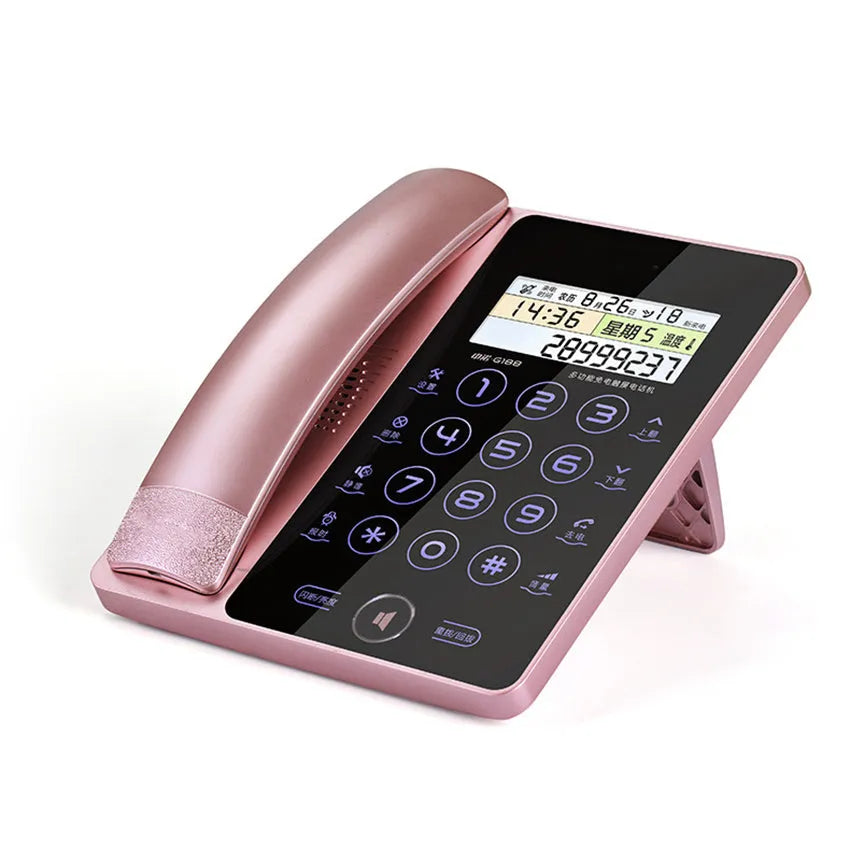 Gold G188 landline telephone with LCD touch screen display showing caller information and lunar calendar