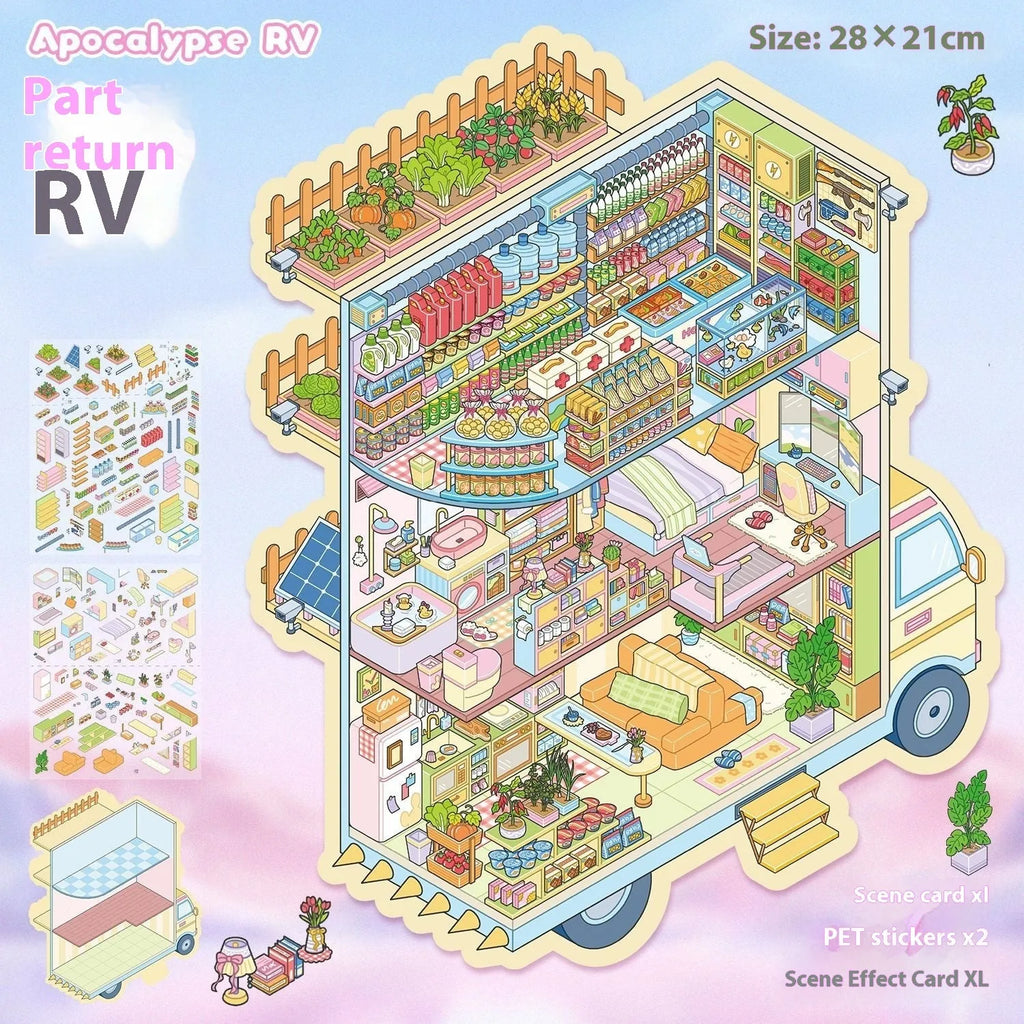 Three-dimensional landscape miniature sticker set with cartoon dreamy adventure scene on PET material.