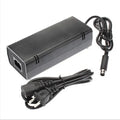 Black XBOX360E AC power adapter with choice of EU, UK, or US plug styles for Microsoft console