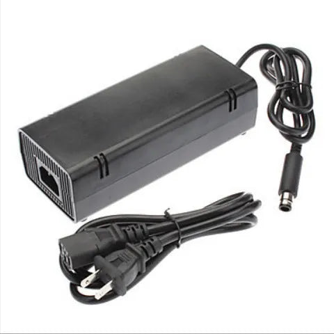 Black XBOX360E AC power adapter with choice of EU, UK, or US plug styles for Microsoft console
