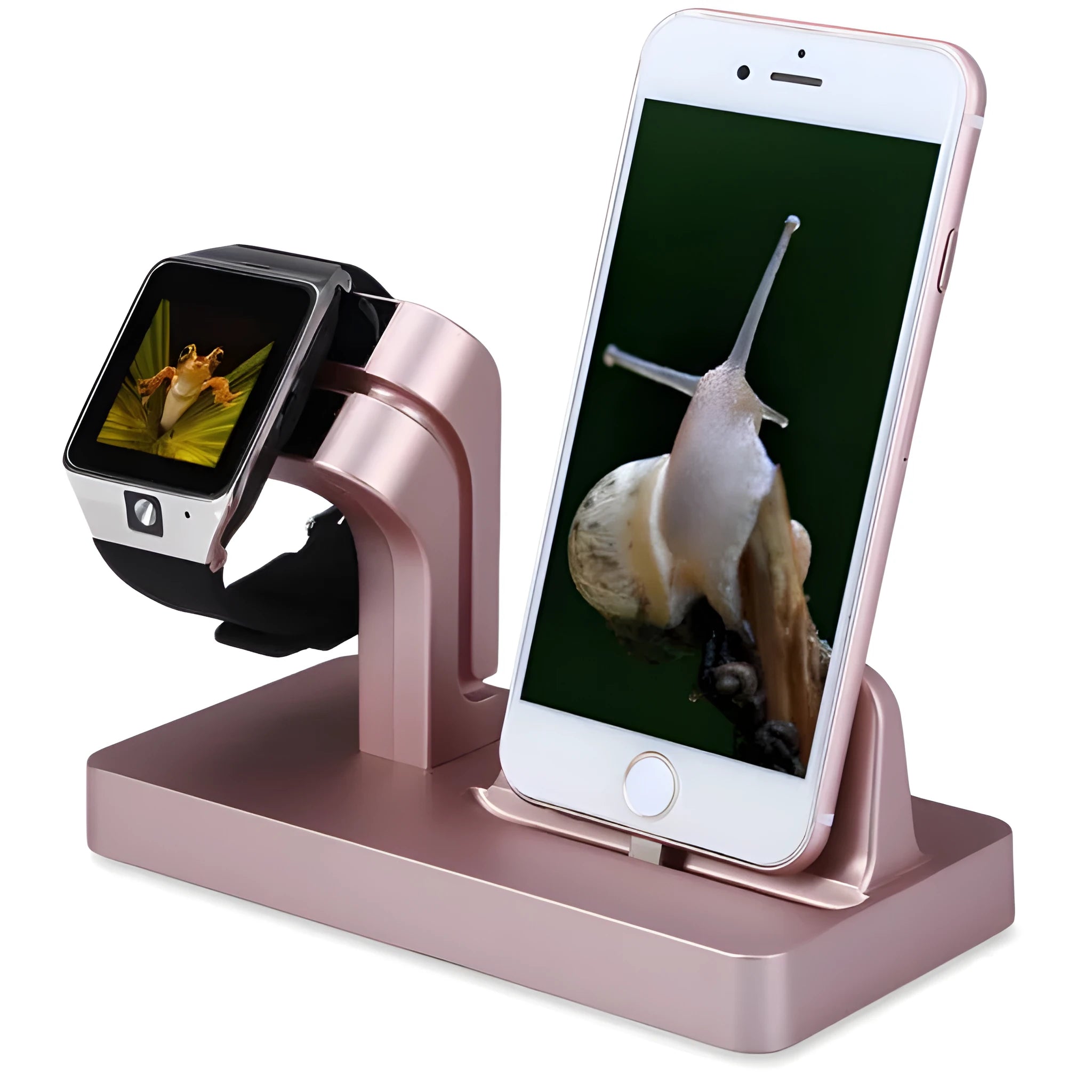 White charging dock station holding iPhone and Apple Watch with cable