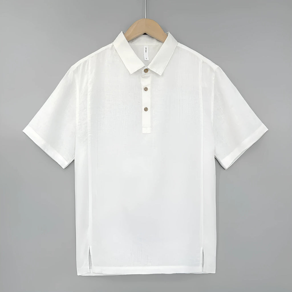 Men's linen summer top with thin lapel collar in loose fit and short sleeves.