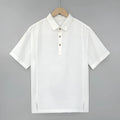 Men's linen summer top with thin lapel collar in loose fit and short sleeves.