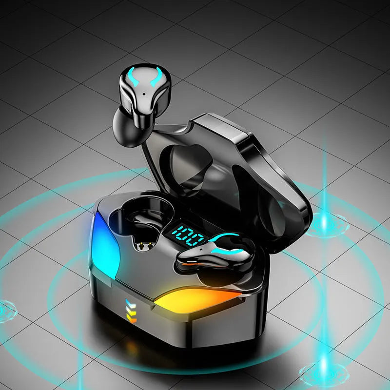 Black Bluetooth in-ear gaming headset with a simple stylish design on a plain background.