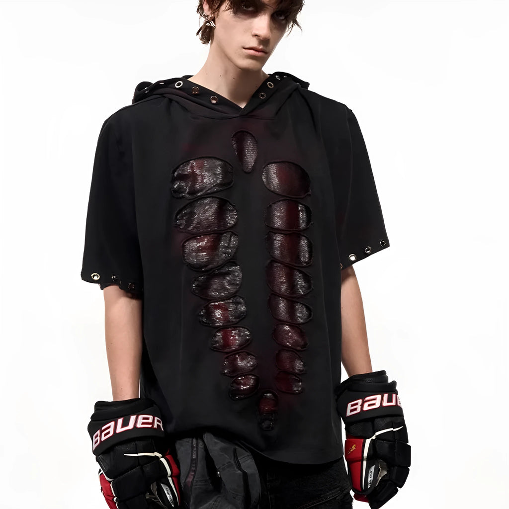 Black men's hooded short-sleeved T-shirt covered in sequins with a loose fit.