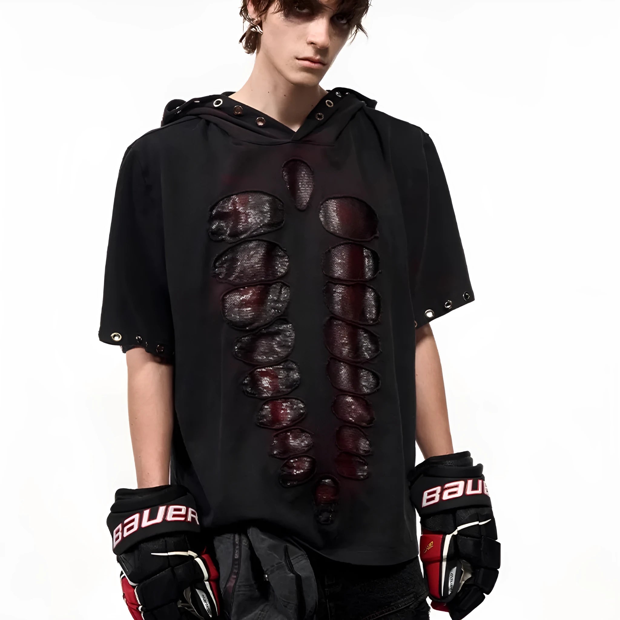 Black men's hooded short-sleeved T-shirt covered in sequins with a loose fit.