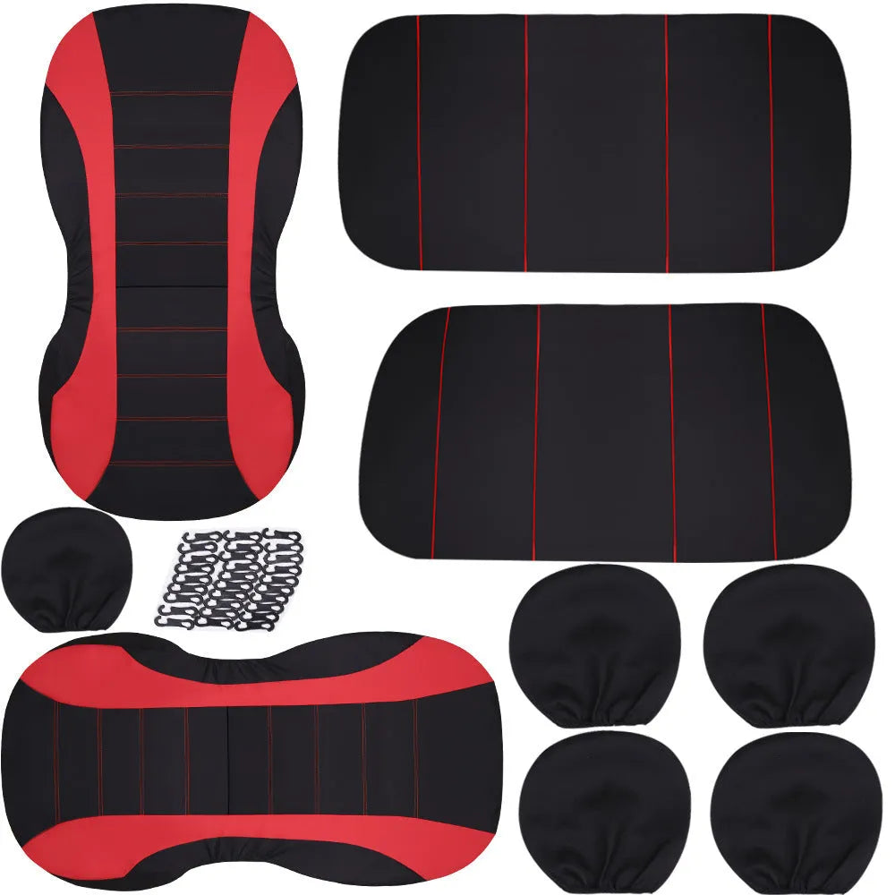 Blue grey red car seat cover set for front and rear seats with headgear protection fabric material