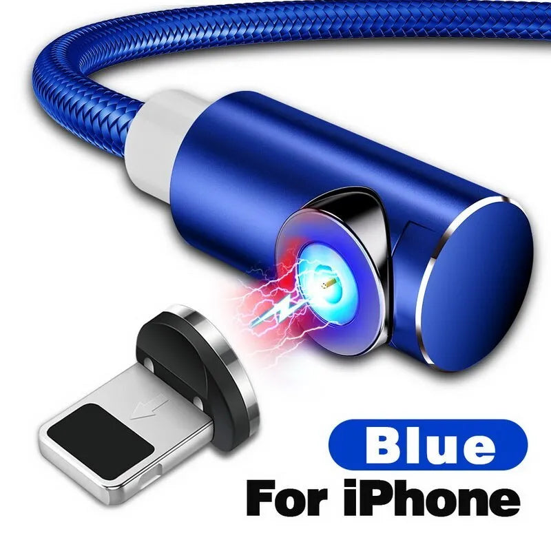 Black aluminium alloy magnetic charging cable with L-shaped plug on a wooden table.