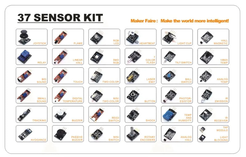 37 in 1 and 45 in 1 Arduino sensor module kit with assorted electronic components on a white background