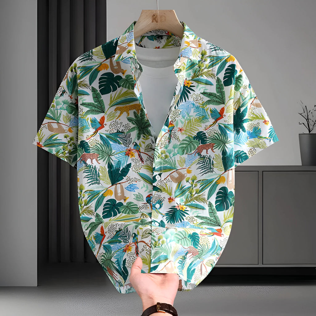 Men's casual Hawaiian style floral print cotton cardigan shirt in summer colours