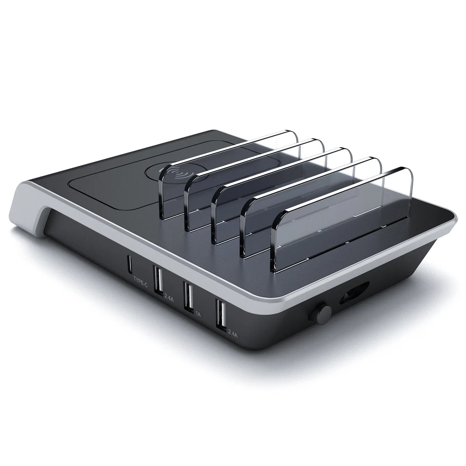 Black universal mobile phone and tablet charging stand base on a desk