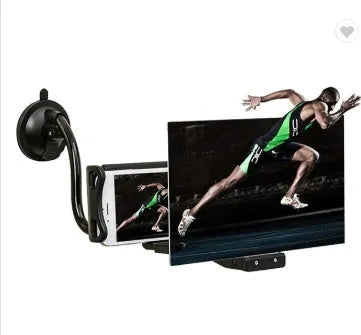 Black 12-inch mobile phone screen amplifier with adjustable bracket showing acrylic blue lens display