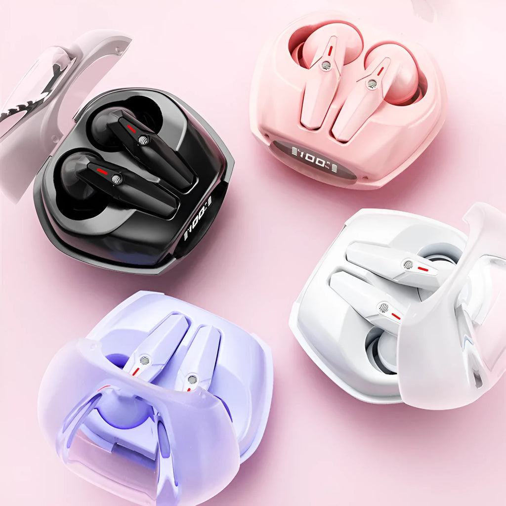 Bluetooth TWS earbuds with power display charging case in black and white colours