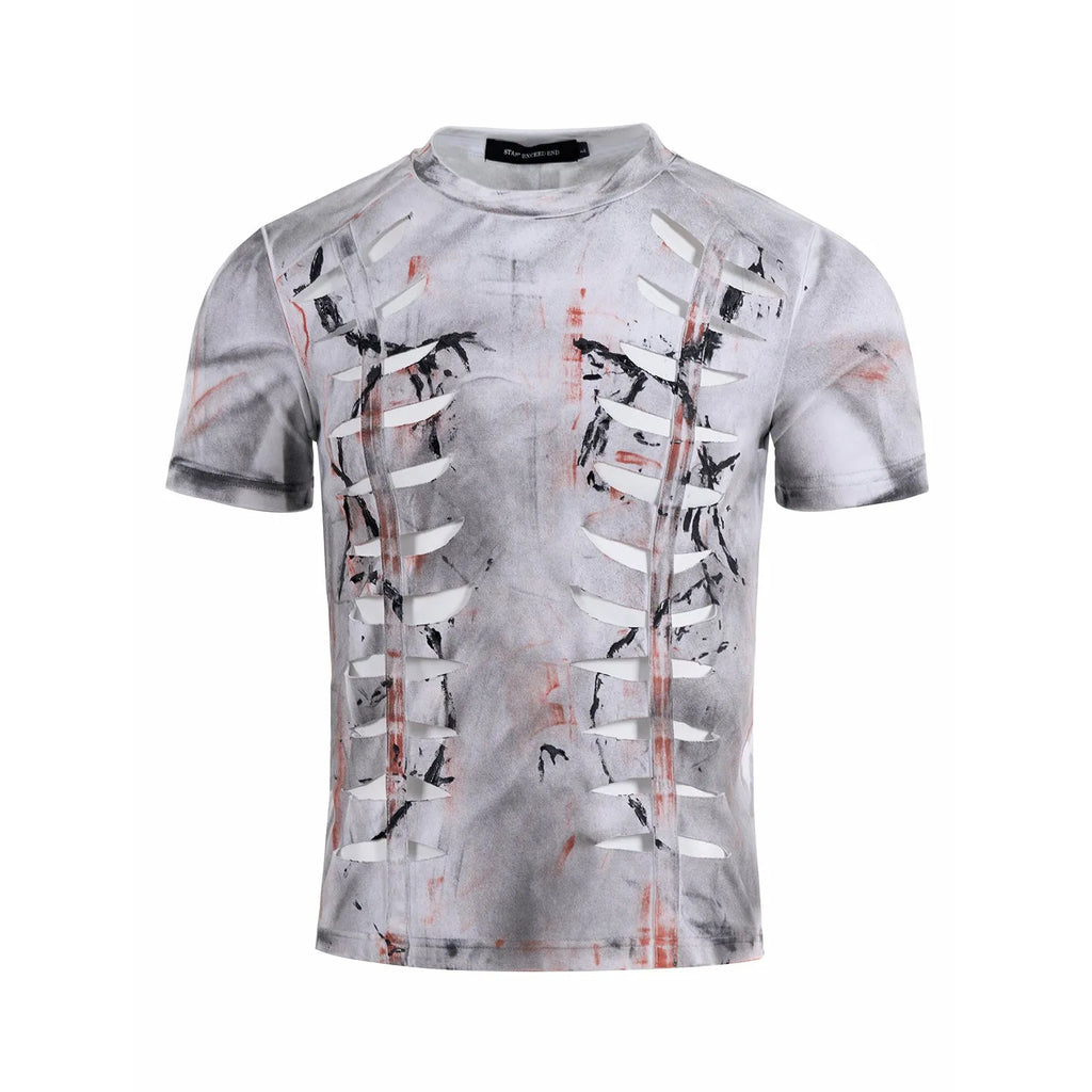 Men's white cotton t-shirt with hollow-out cut design and short sleeves