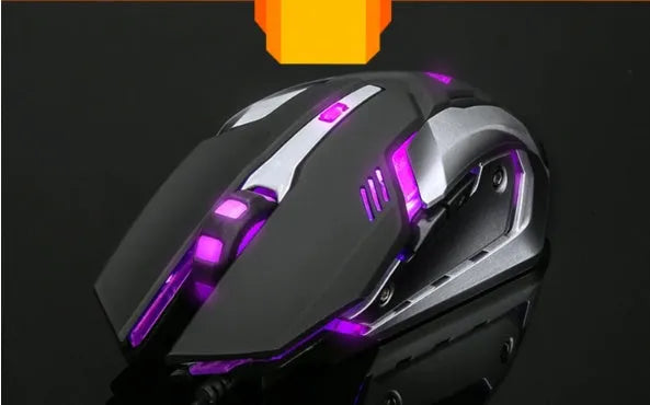 Colourful luminous wired USB mouse with ergonomic shape, 6 buttons, and 1.6m cable on a desk