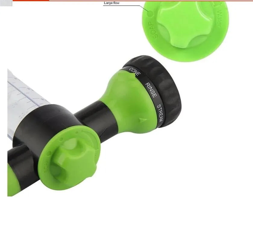 Green high-pressure foam spray gun with adjustable nozzle for car and household cleaning.