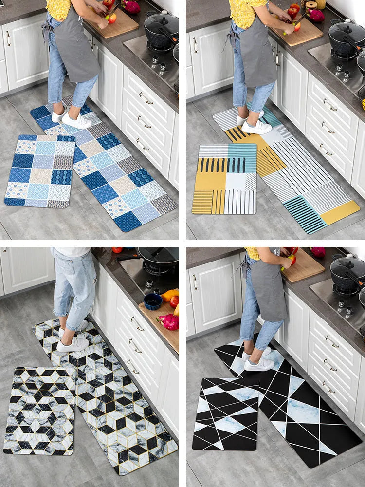 Machine-woven kitchen floor mat with geometric pattern in leather-like finish, available in 40x60cm size