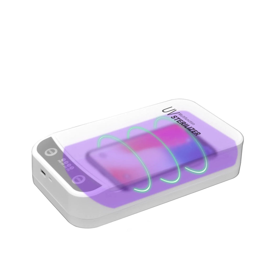 UV disinfection box with USB port, showing internal chamber for a mobile phone.
