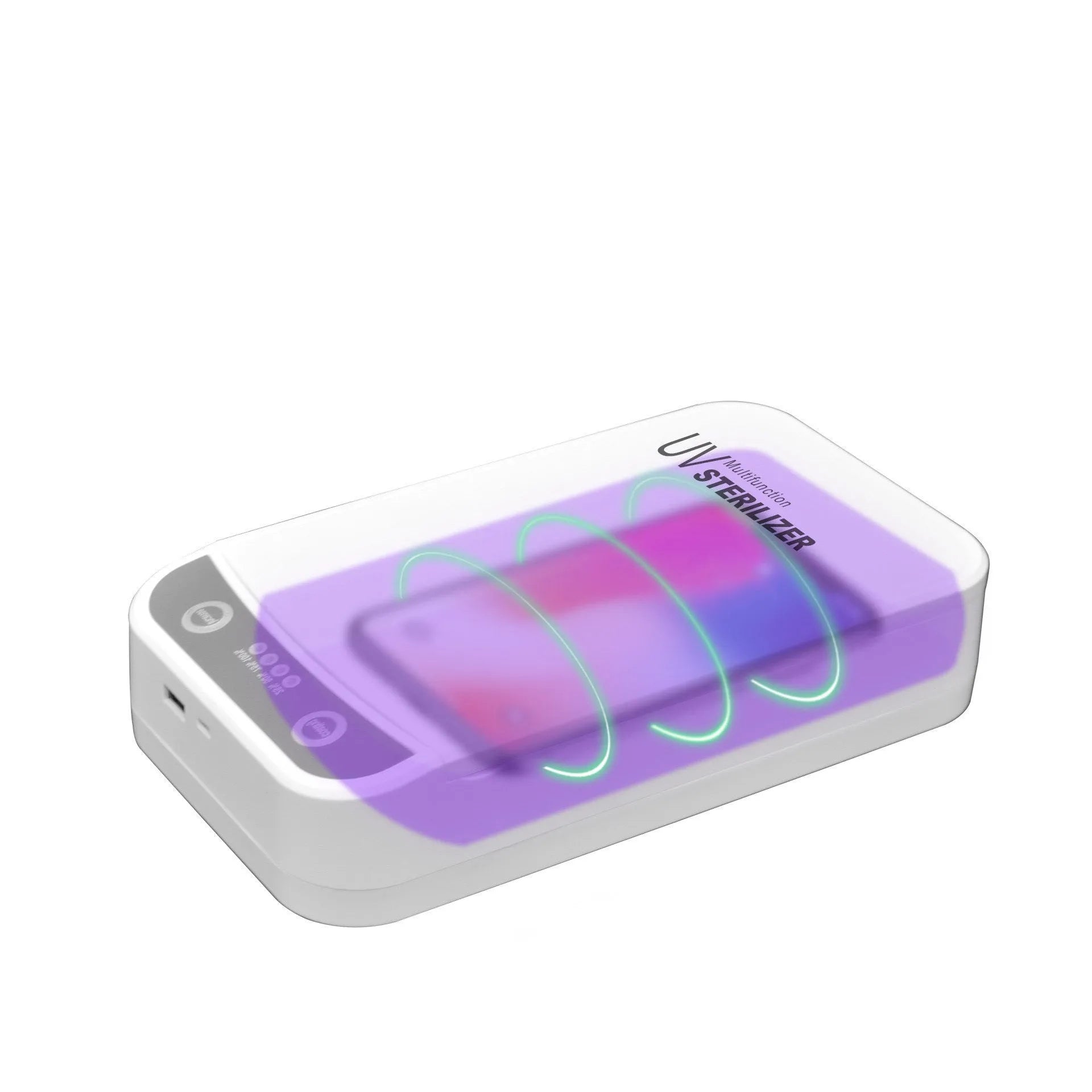 UV disinfection box with USB port, showing internal chamber for a mobile phone.